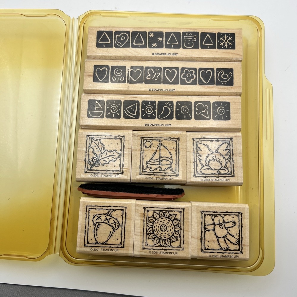 Stampin UP! '01 Anytime Greeting& Borders '97 set of 9 Wood Rubber Stamps RETIRE